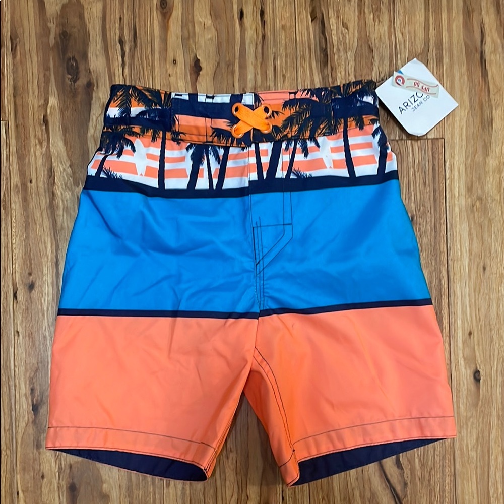 Arizona Boys Orange & Blue Palm Stripe Swim Trunks